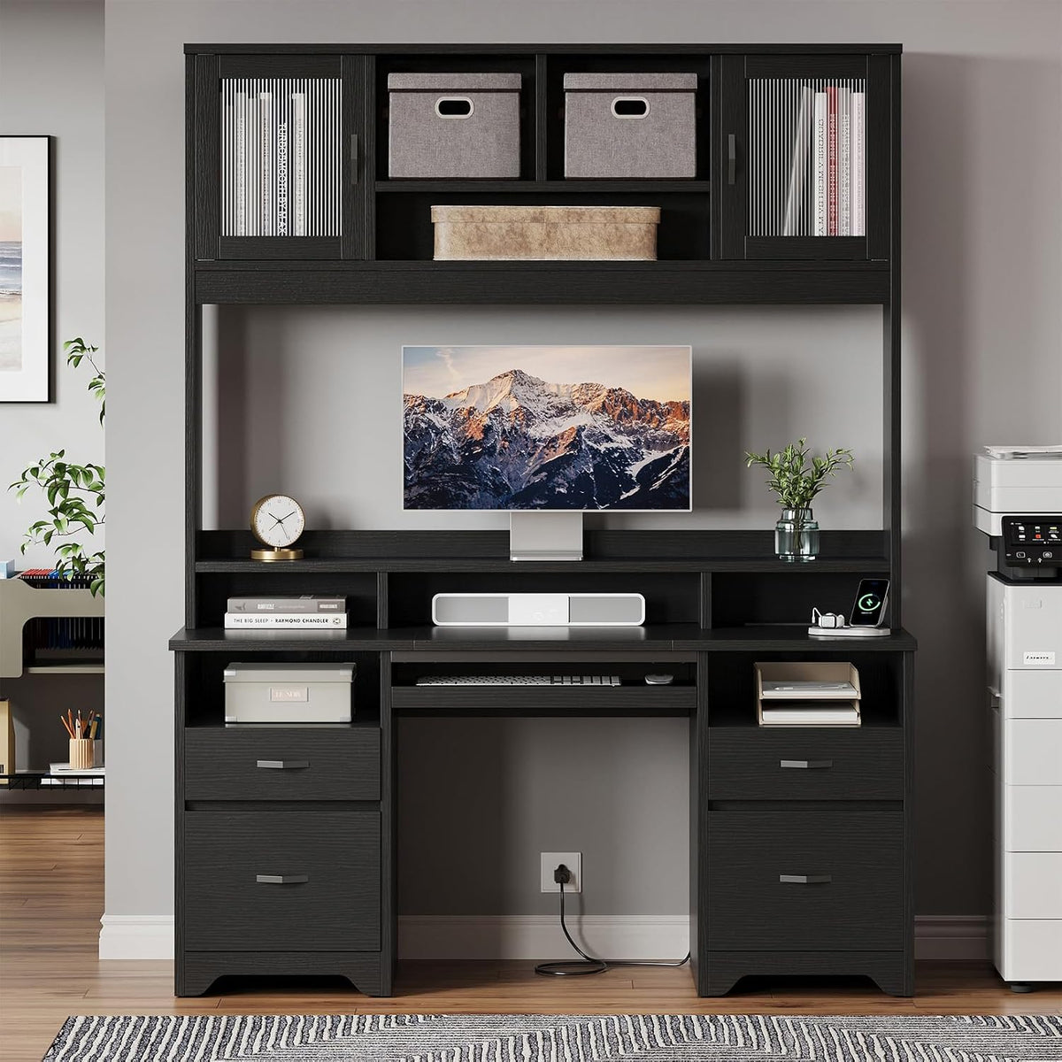 Bestier 77.8" H Computer Desk with Hutch, Charging Station, LED Light,Black