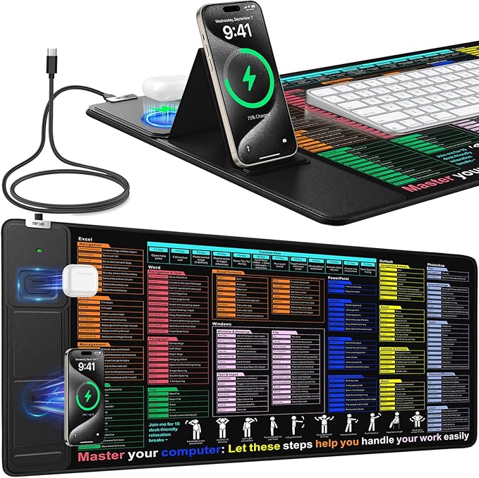 Mouse Pad with Excel Shortcut Keys, Desk Pad with Wireless Charger & Phone Stand by miroddi