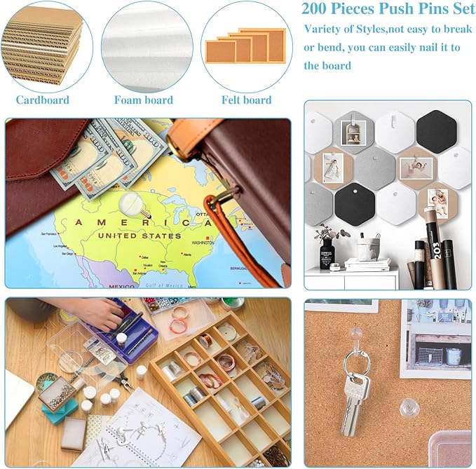 200 Pieces Push Pins Set, 5 Types Clear Thumb Tacks Push Pins - Image 4