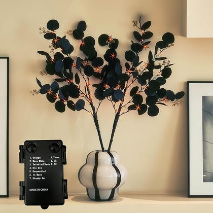 LITBLOOM Halloween Tree Branches with Lights 32IN Battery Operated with Timer, Lighted Black Eucalyptus Branches with 120 Orange and Warm White LED Lights for Mantle Table Halloween Decoration