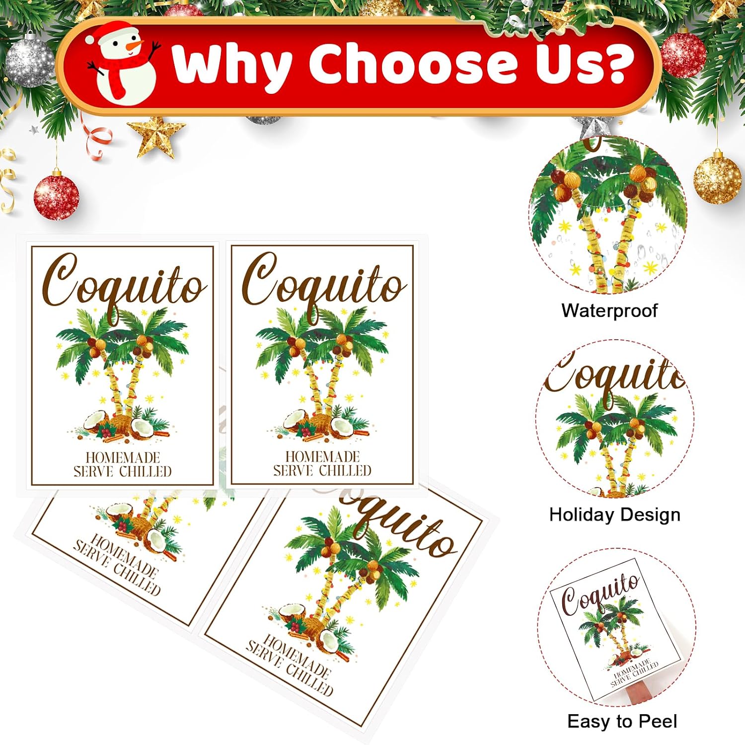 50 Sets Christmas Coquito Wine Bottle Label Stickers Kits - Cellophane Bags with Elegant Bottle Bow Decorations, Family Holiday Christmas New Year Party Supplies, Festive Table Decor (No Bottles)