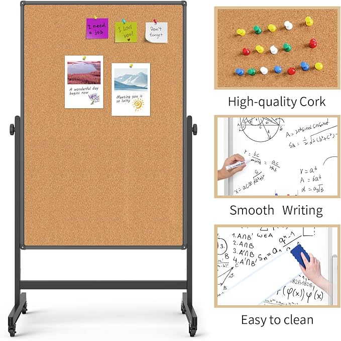 Double-Sided Whiteboard and Corkboard on Wheels, 48 x 32 Inch Magnetic Dry - Image 5