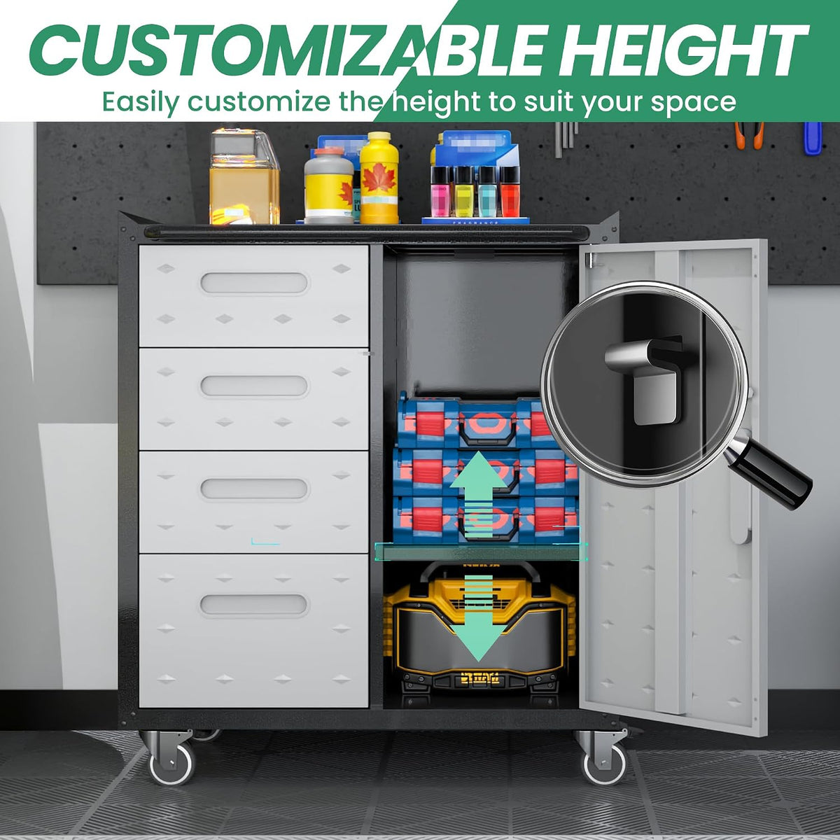 garage cabinet system | heavy duty steel all-in-one on a desk or shelf