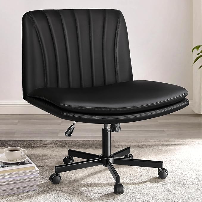 PUKAMI Criss Cross Chair with Wheels, PU Leather Armless Cross Legged Office by PUKAMI