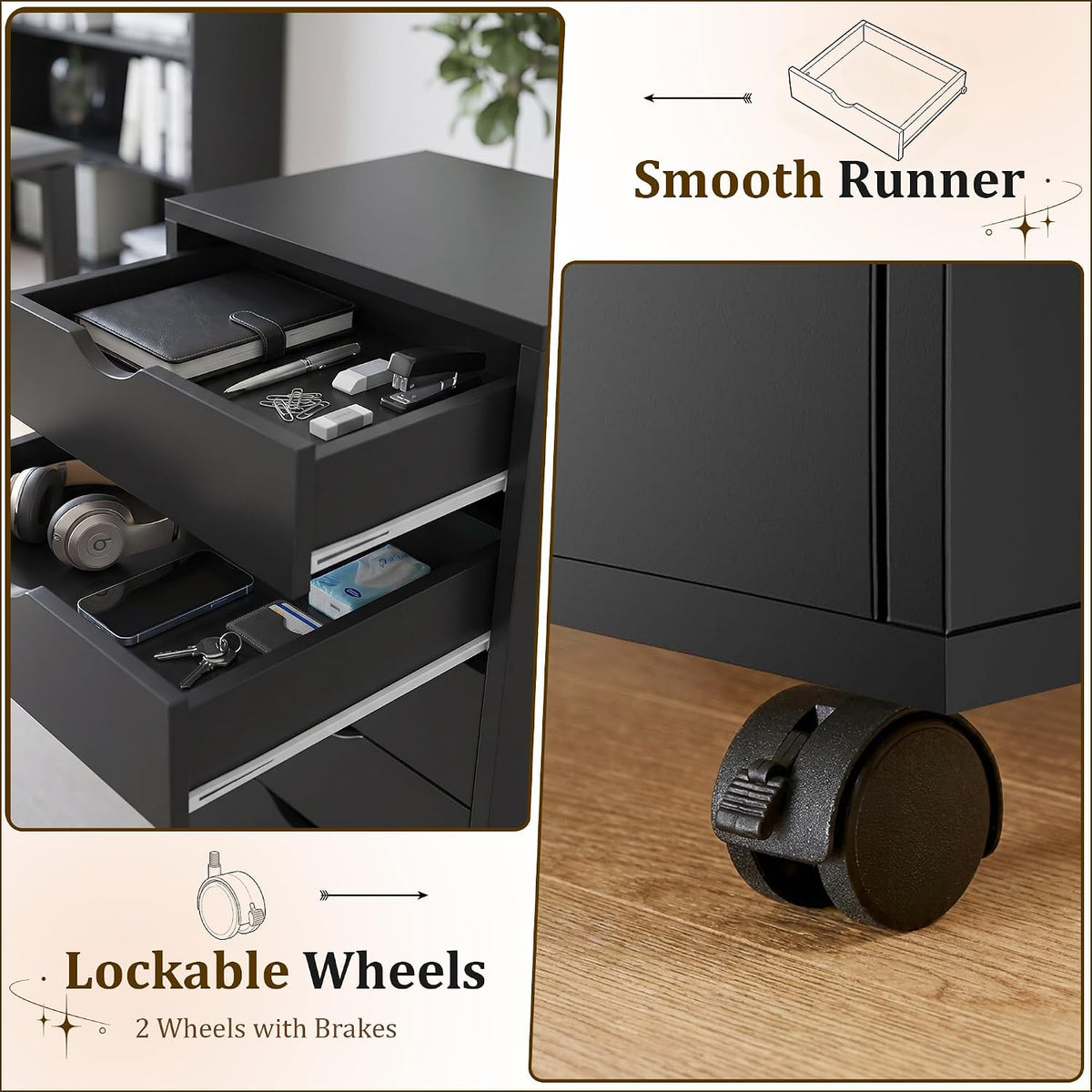 5 Drawer Chest, Office Drawer for Home & Office Printer Stand, Black