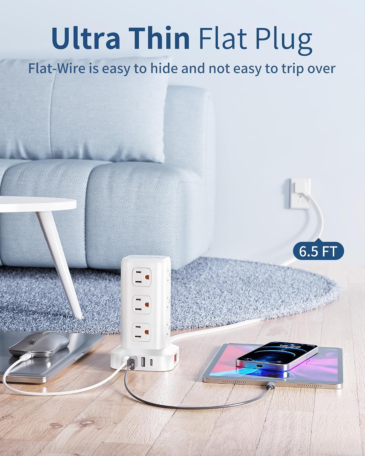 Extension Cord with Multiple Outlets, SMALLRT Flat Plug Power Strip Tower wit...