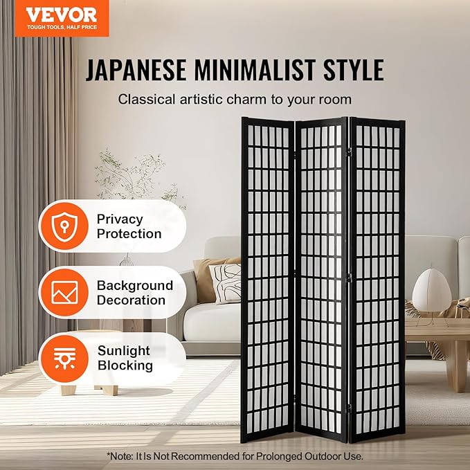VEVOR Room Divider, 3 Panel Japanese Room Divider, Wood Folding Privacy Screen - Image 2