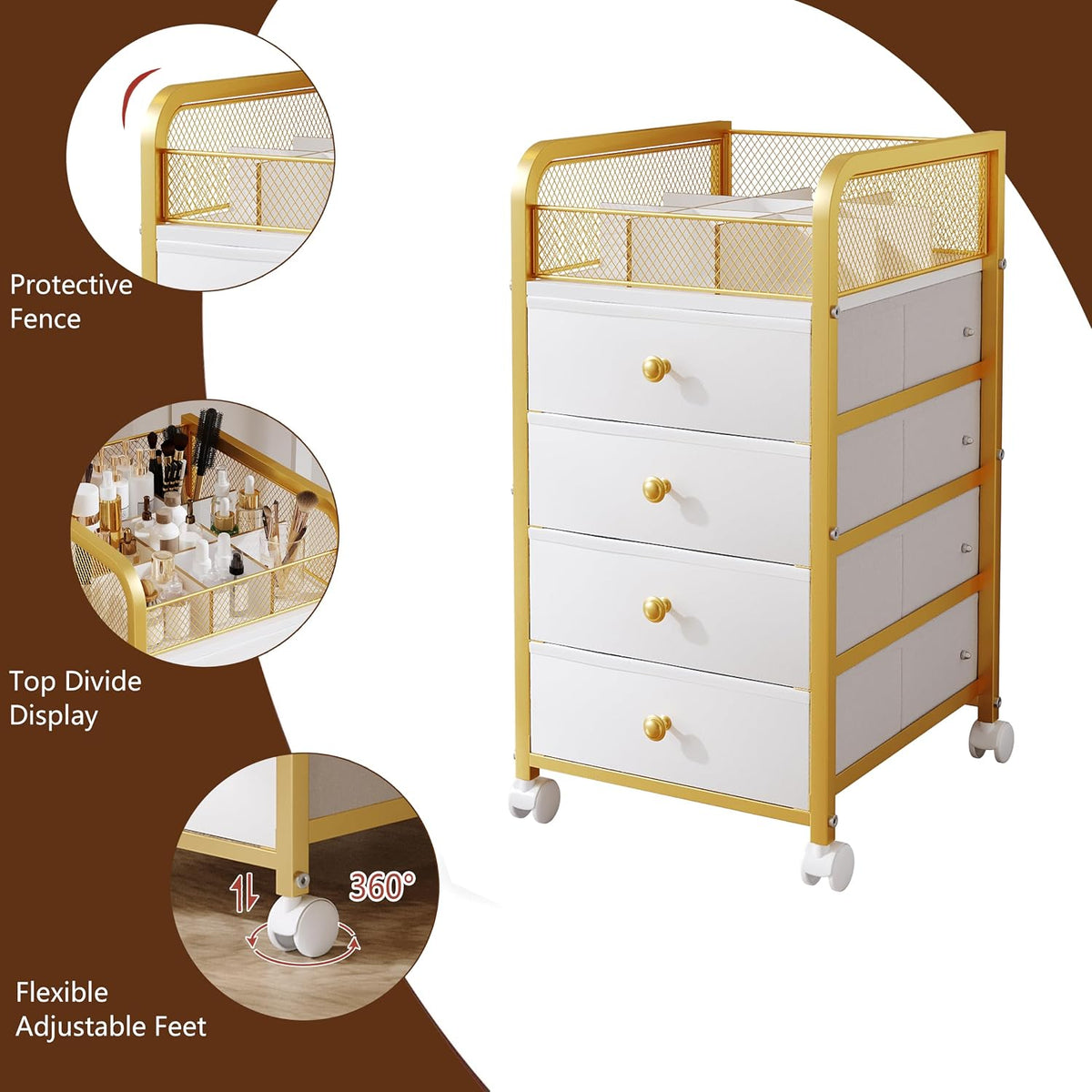 Rolling Makeup Organizer Cart, Under Desk Storage Cart with 4 Drawers