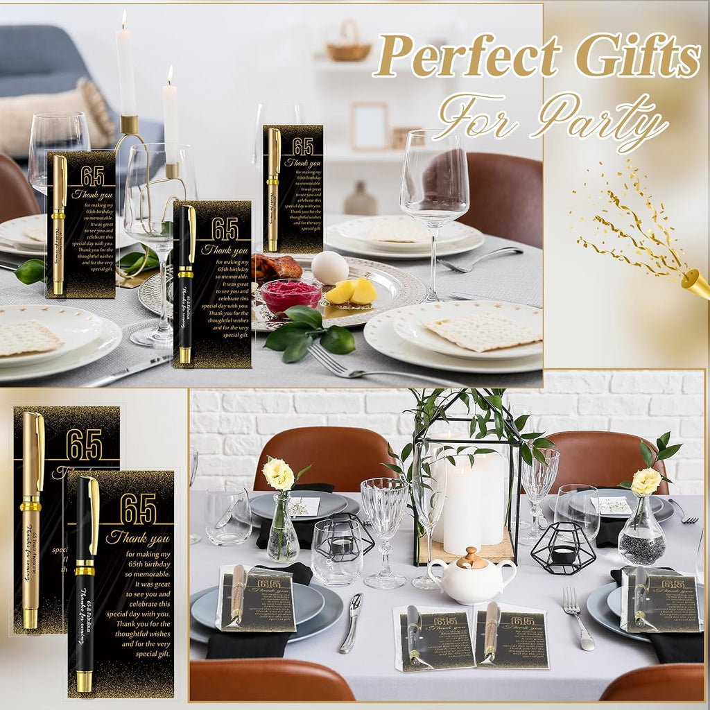 Feifeiya 30 Set 65th Birthday Favors with Black Gold Pens Cards | Birthday Souvenirs for Guests, Black and Gold Pens with Paper Thank You Cards for Men, Women and Wedding Anniversary Party