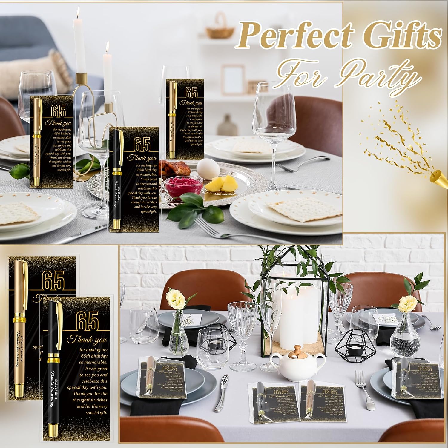 Feifeiya 30 Set 65th Birthday Favors with Black Gold Pens Cards | Birthday Souvenirs for Guests, Black and Gold Pens with Paper Thank You Cards for Men, Women and Wedding Anniversary Party