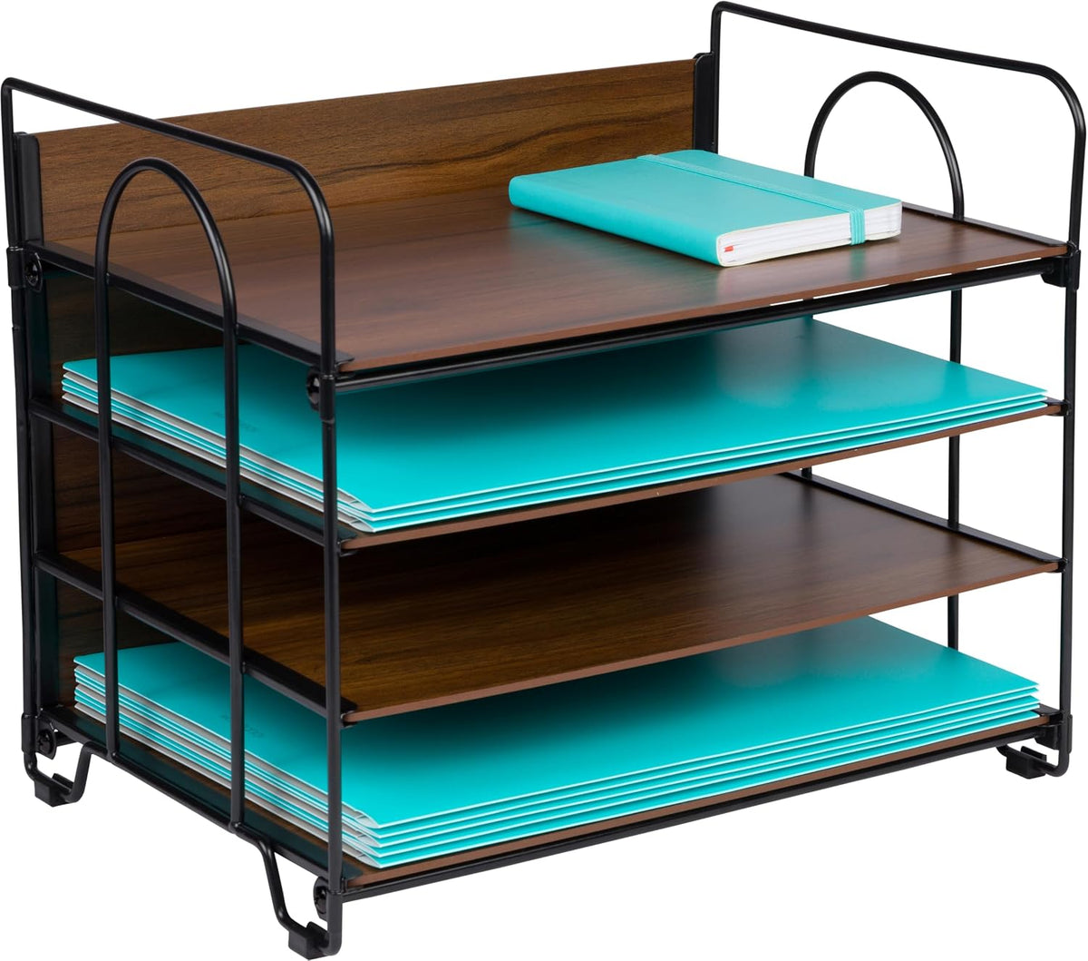 4-Tier Office Organizer, Desk File Organizer with Wood Patterned Shelves, Off...