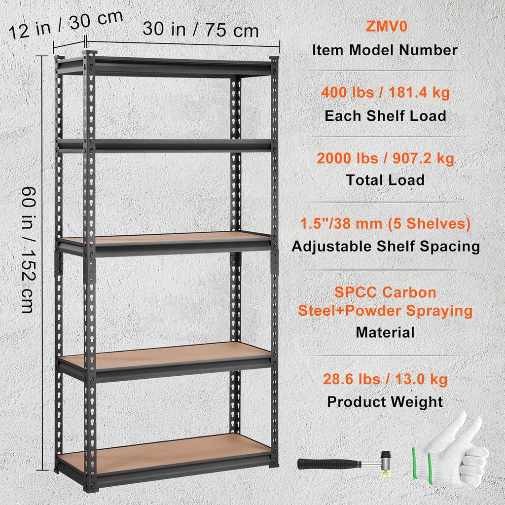 vevor storage shelves 5-tier adjustable 2000 lbs 30"x12"x60", close-up detail