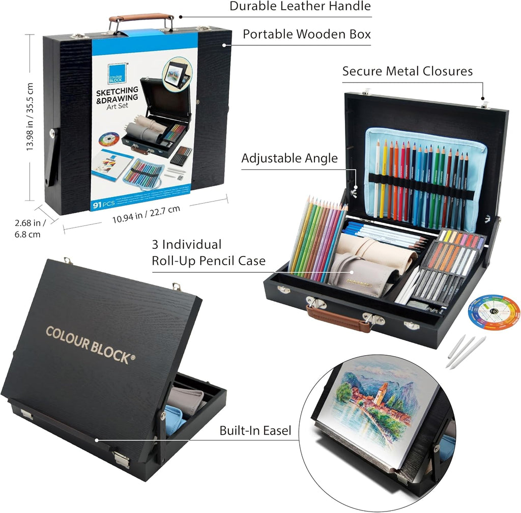 colour block 91-pc sketching & drawing set in on a desk or shelf
