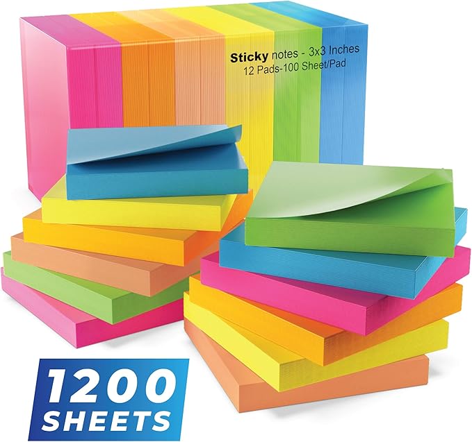 Infiniko Sticky Notes 3x3 Inch, 1200 Sheets, 6 Bright Color Sticky Pads by Infiniko