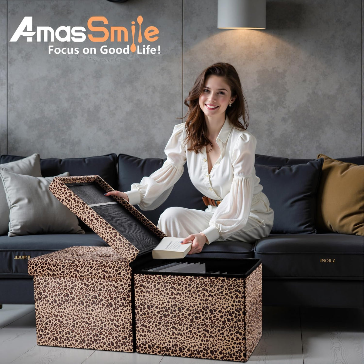 AmasSmile Footrest Ottoman Storage Bench,34" Velvet Folding Chest,Leopard