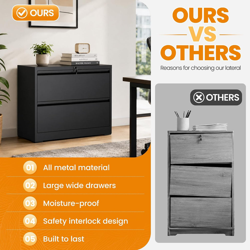 2 Drawer Lateral File Cabinet with Lock, Metal File Cabinets for Home Office, Office Furniture for Organization Hanging Legal/Letter/A4, Metal Filing Cabinet Storage Cabinet, Require Assembly, Black