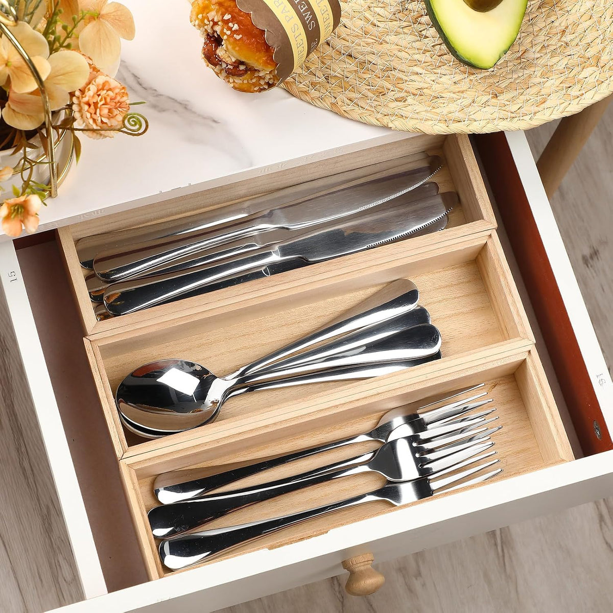 Baderke 3 Pcs Wooden Utensil Holder with Silverware Set Bamboo Storage Box