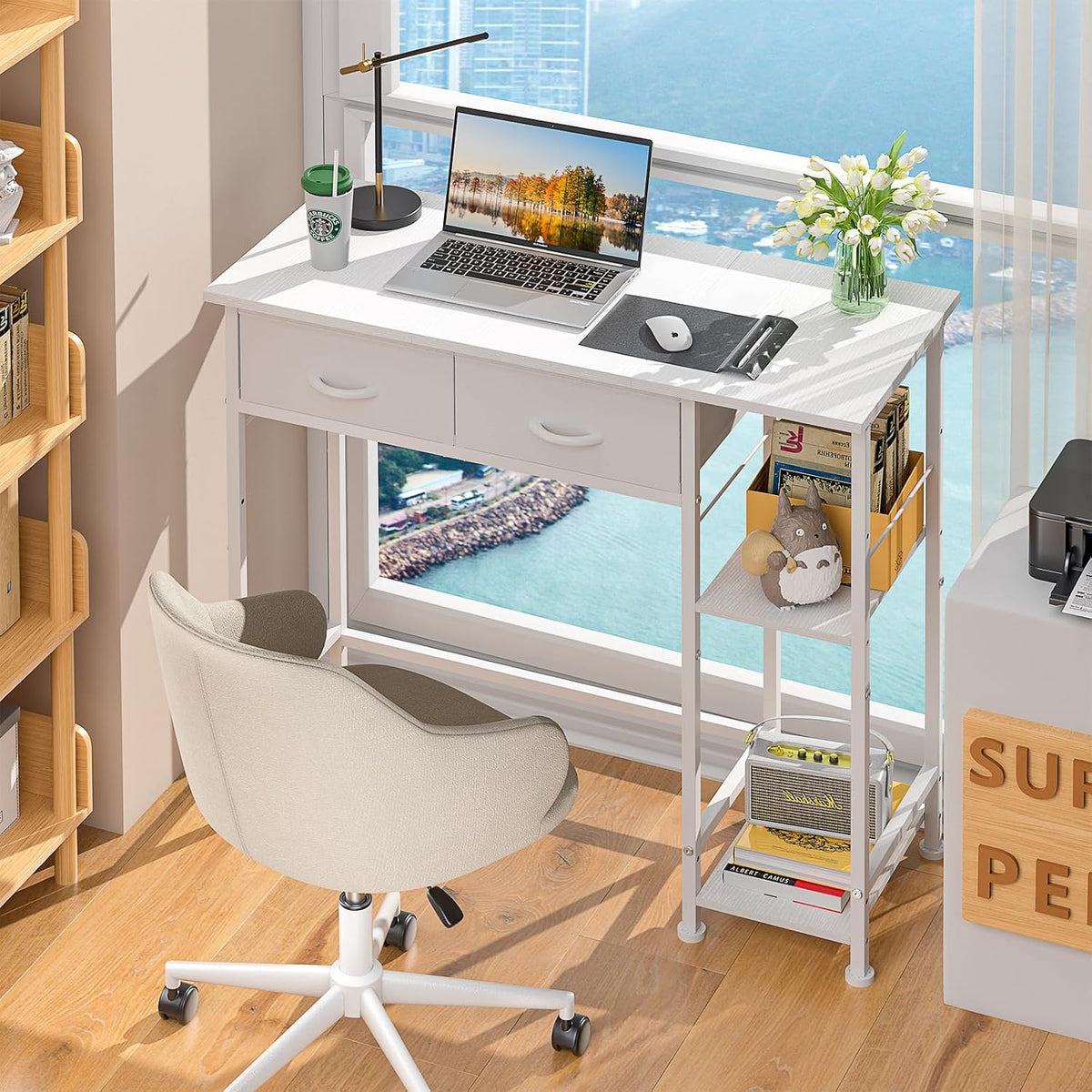 DAOUTIME White Computer Desk, 36 Inch Small Desk with Drawers, Home Office De...
