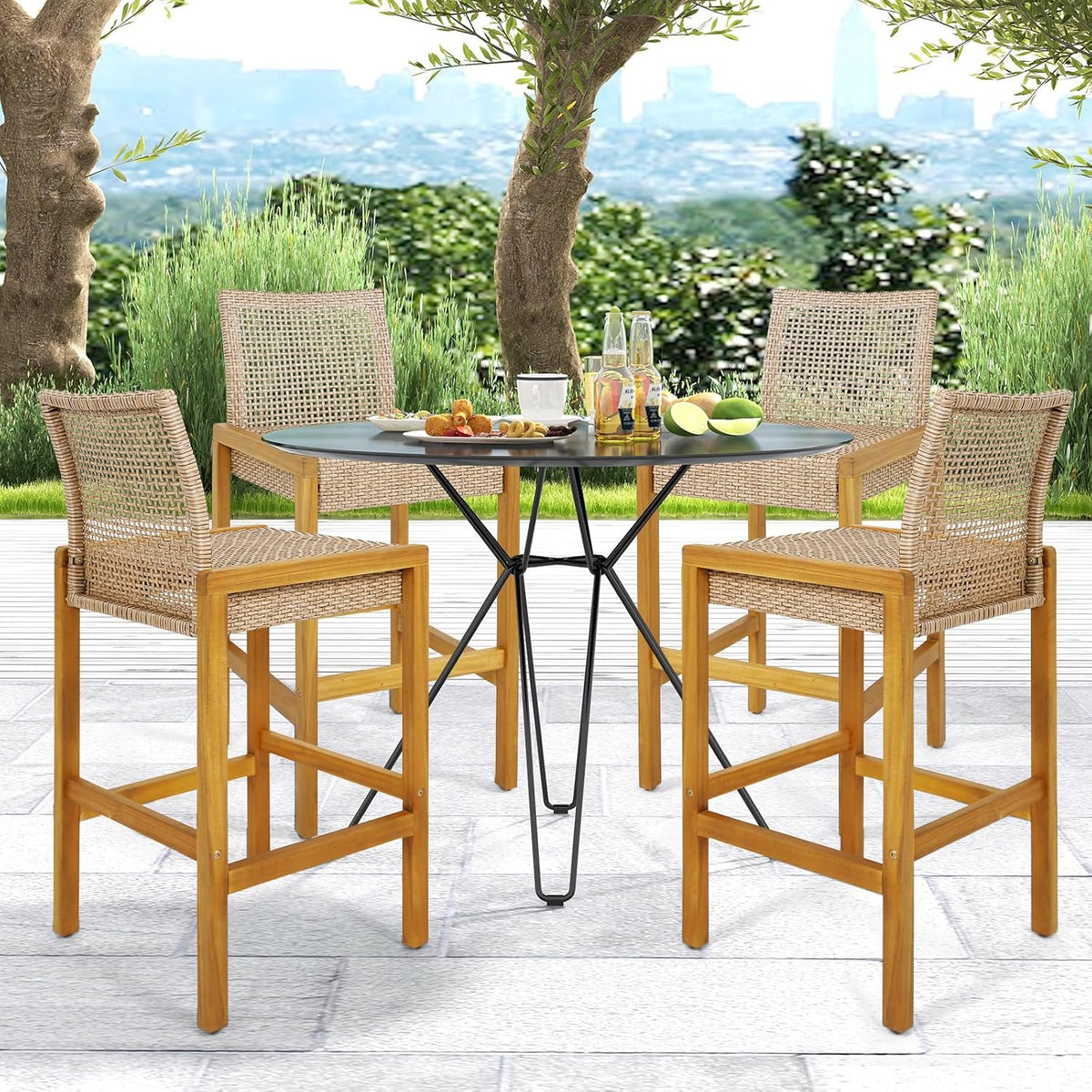 HAPPYGRILL Wicker Bar Stools Set of 2, Patio Chairs with Solid Wood Frame, Er...