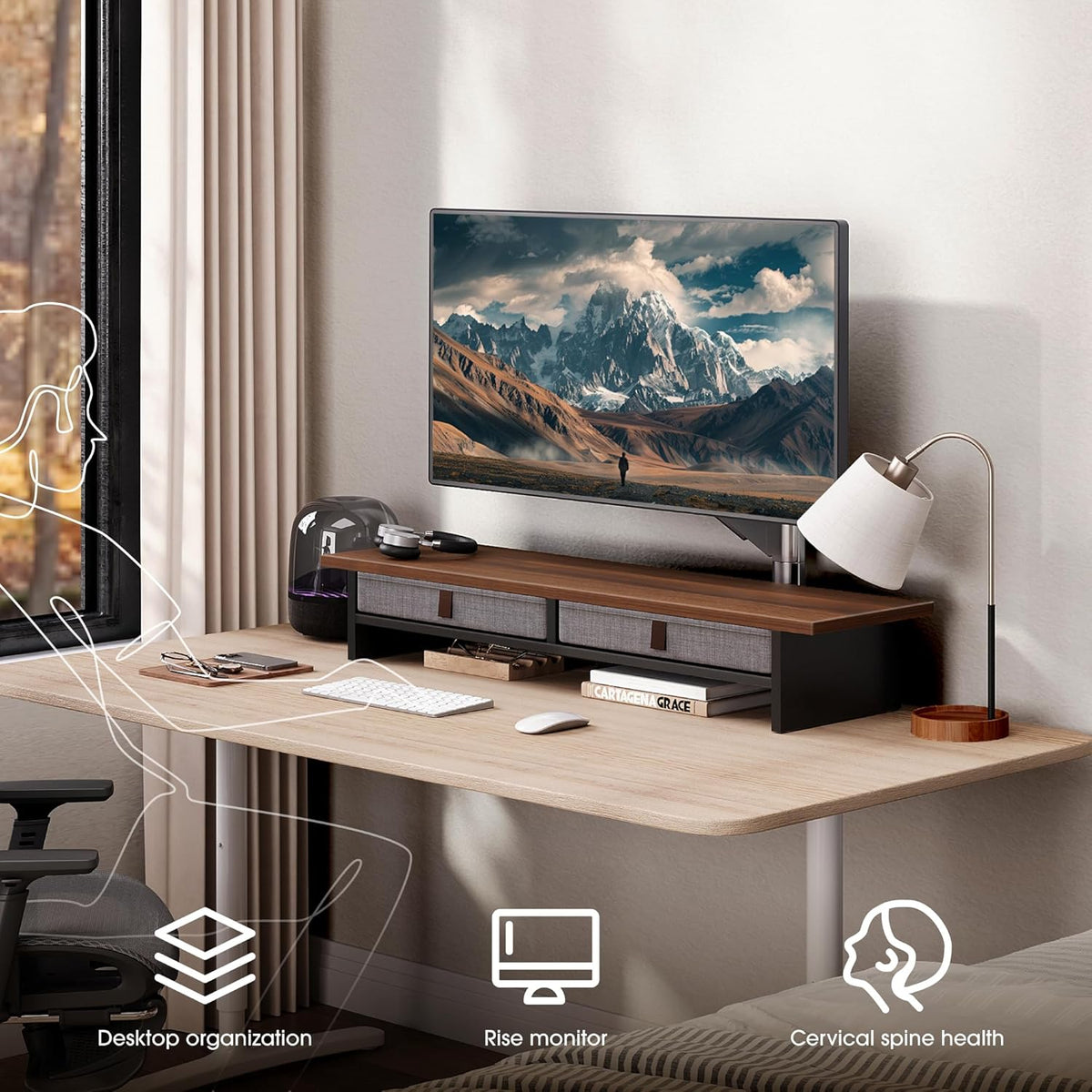 Fenge 35 Inch Monitor Stand with Drawer Storage, Computer Riser for Desk