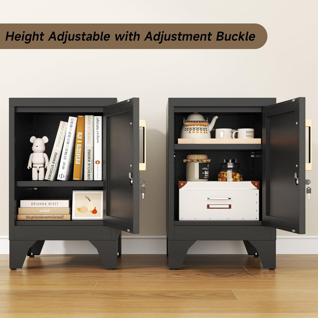 23.6" H Black Metal NightStand Locker Storage Cabinet with 1 Doors, Small Lockable Night Stand with Lock and 1 Adjustable Shelve for Bedroom Living Room Home Office