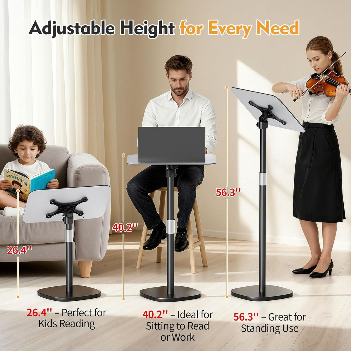 Floor Book Stand for Reading, Height Adjustable 26”-56”Music Stand