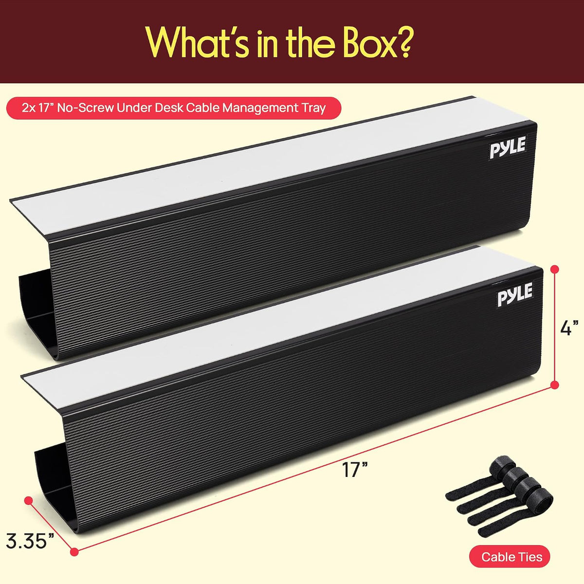 Pyle 2-Pack 17" Under Desk Cable Management Tray, Under Desk Cable Organ...