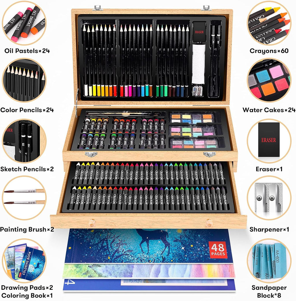 ibayam 150-pack art supplies, deluxe wooden art set shown in use