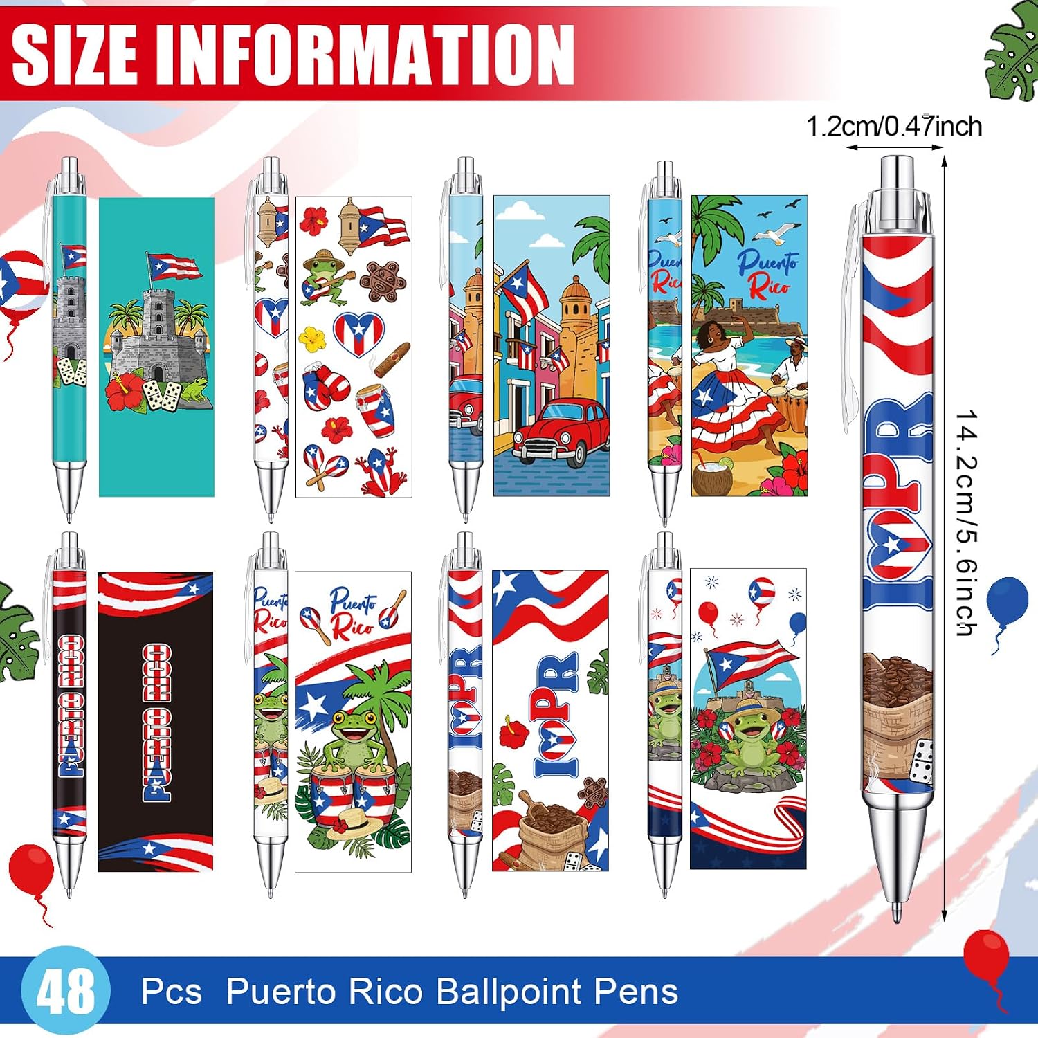 Sayglossy 48 Pcs Puerto Rico Party Souvenirs Gifts Puerto Rico Ballpoint Pens with Flags Frog Hibiscus Flowers Pattern for Patriotic Latin American Spanish Party Favors (Novelty Style)