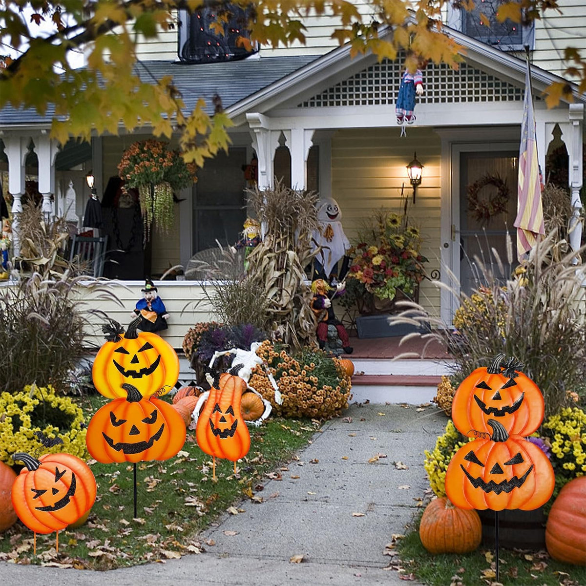 Juegoal 2 Pack Halloween Garden Stakes, Stacked Metal Pumpkins Jack-o-Lantern...