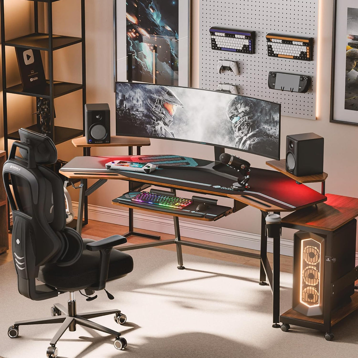 EUREKA ERGONOMIC Gaming Desk Wing Shaped Keyboard Tray 72 Inch Walnut