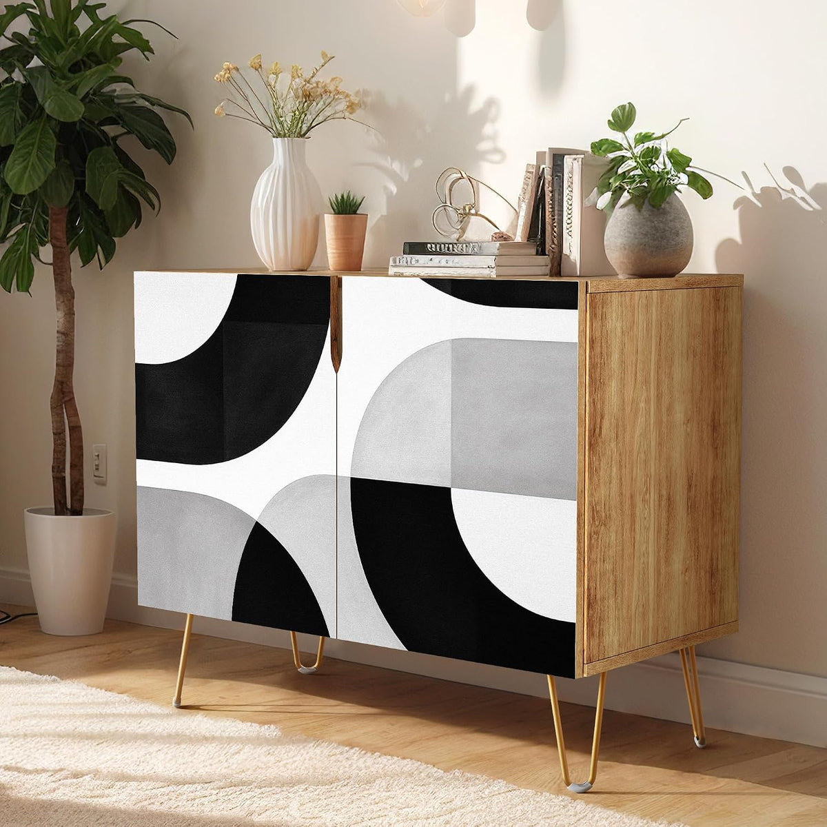 SIGNWIN Sideboard Buffet Cabinet, Kitchen Storage Cabinet with 2 Doors, Abstr...