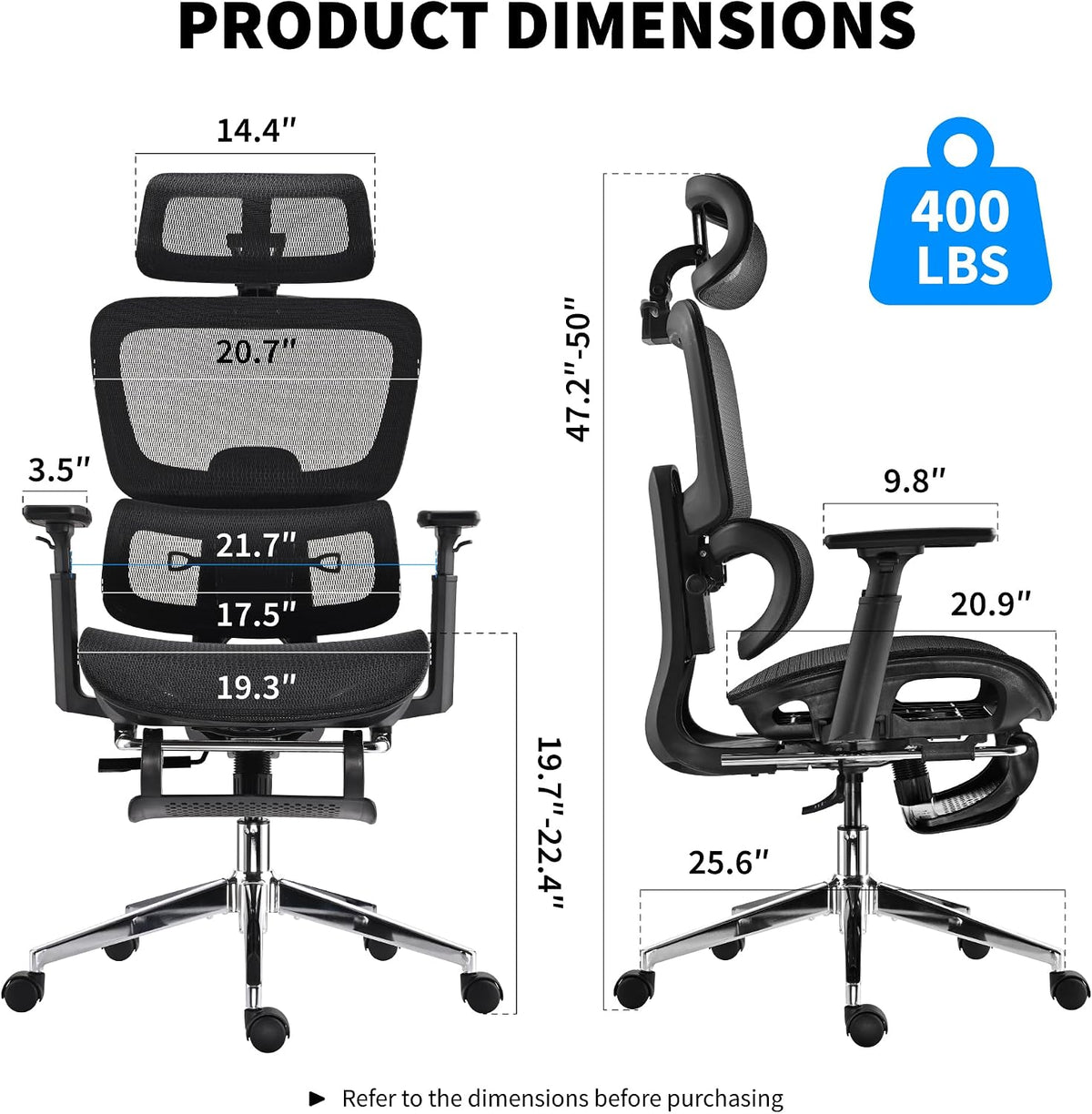 Mesh Ergonomic Office Chair with Footrest, Black