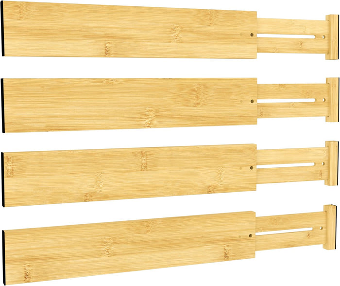 BAMEOS Bamboo Expandable Drawer Dividers – Fits 16.65"–22" Drawers, 3" Deep Walls, Set of 4 | Taller Spring-Loaded Separator Keeps Items Upright in Kitchen & Dresser Drawers