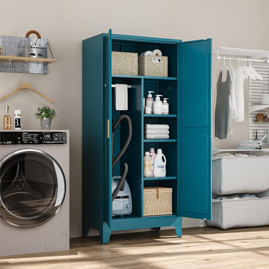 bevivog 71" metal storage cabinet, tall utility closet shown in use