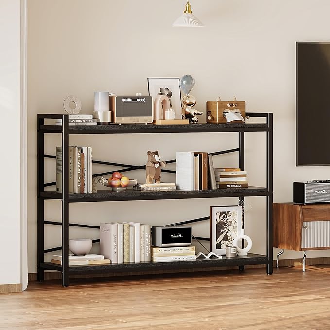 3 Tier Bookcase 47.24" Width, Long Industrial Book Shelf, Vintage Wooden Large - Image 2