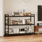 3 Tier Bookcase 47.24" Width, Long Industrial Book Shelf, Vintage Wooden Large - Image 2