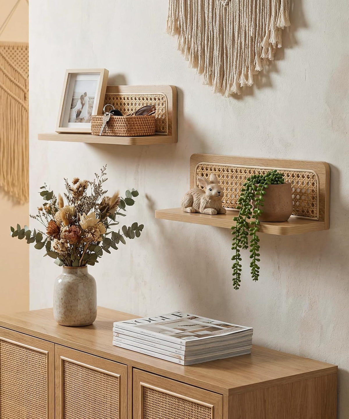 Rattan Wall Shelf, Boho Wood Floating Shelves, 16 Inch