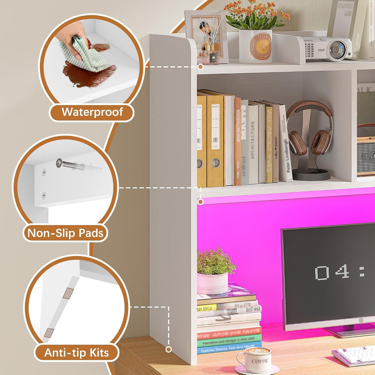 REIBII 3-Tier Desk Hutch with LED Light,6-Shelf Desktop Organizer,White
