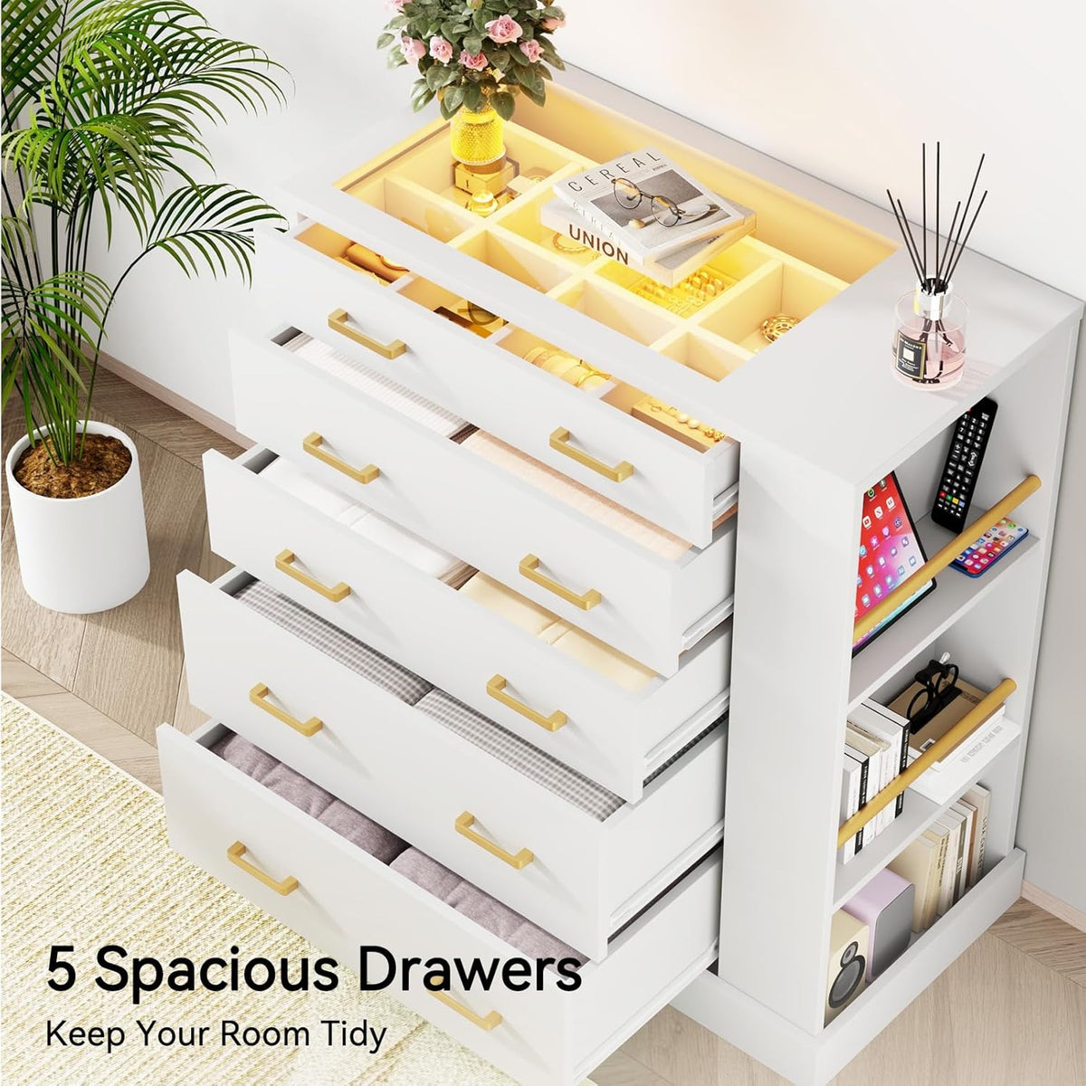 Drawer Dresser with Glass Top, LED Lights, 3 Open Shelves
