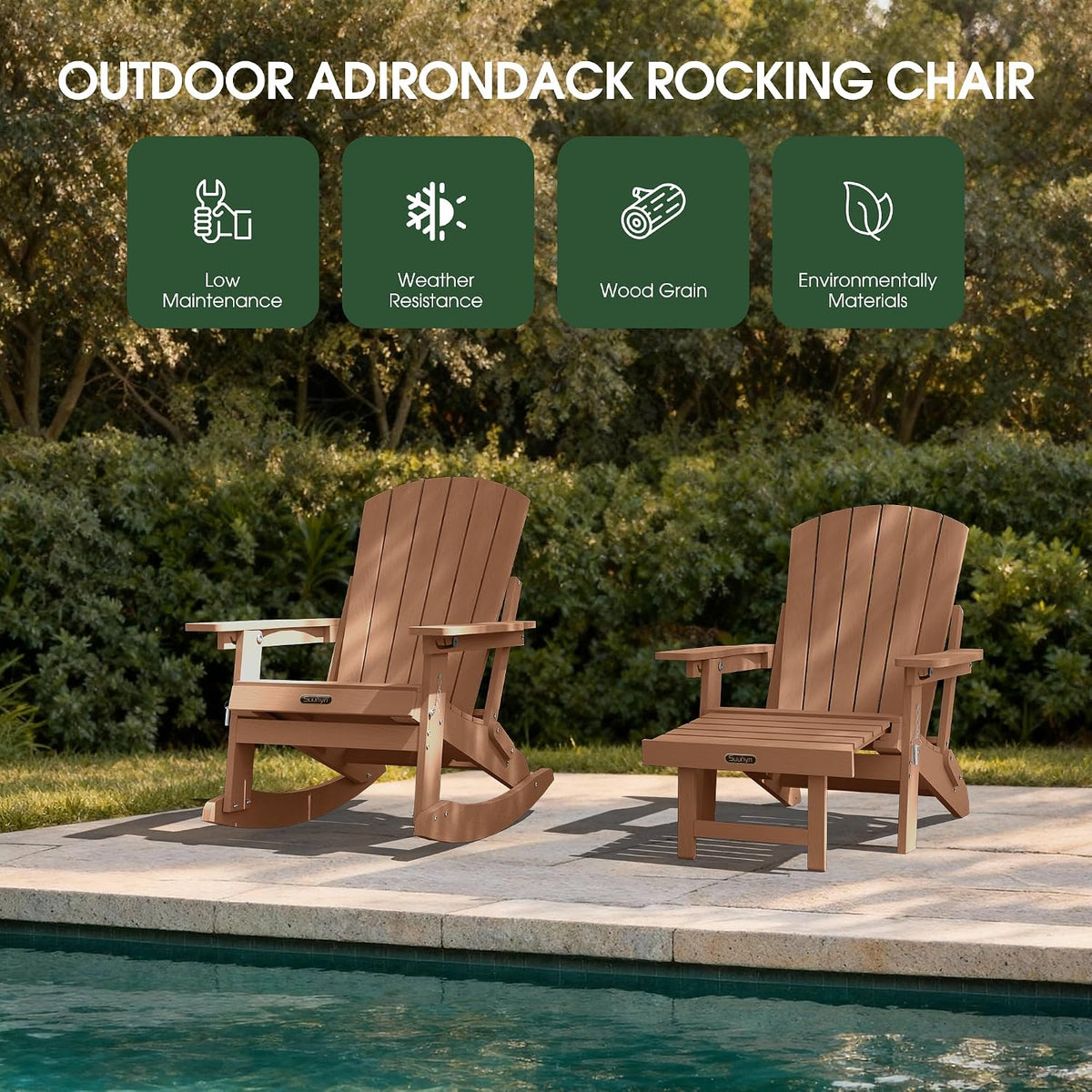 4-in-1 Rocking Adirondack Chair with Footrest, HDPE, Teak