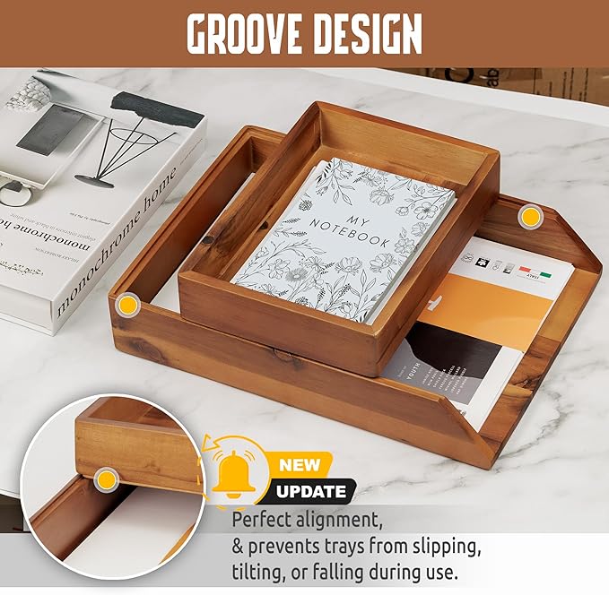 Demigo Desk Organizer Letter Tray Set of 2, Acacia Wood Tabletop Desktop - Image 4