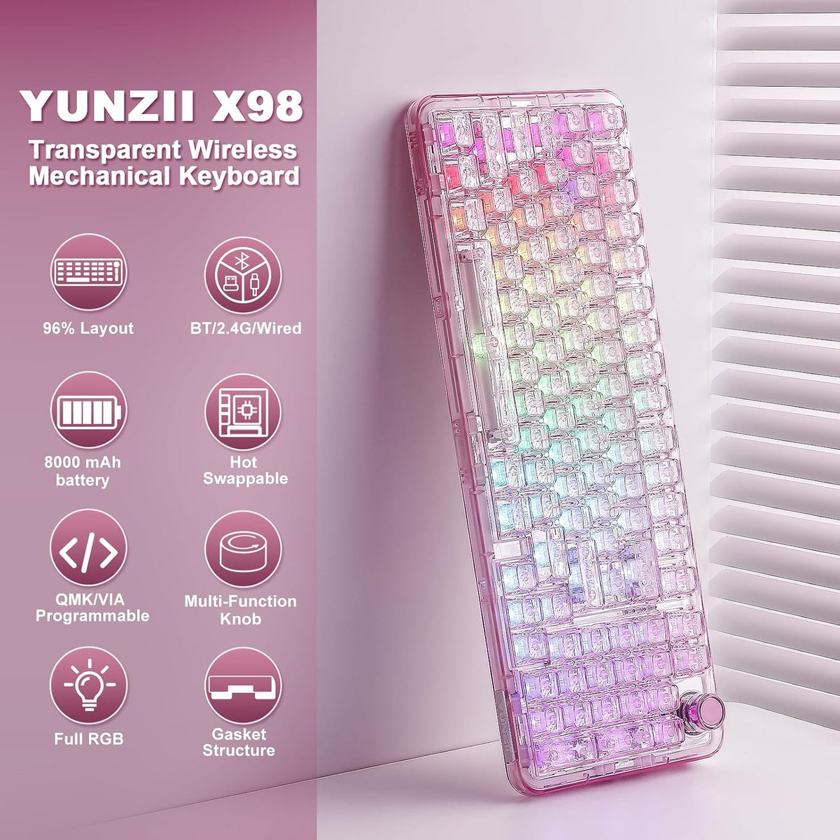 YUNZII X98 Wireless Mechanical Keyboard with Knob (Pink, Crystal Switch)