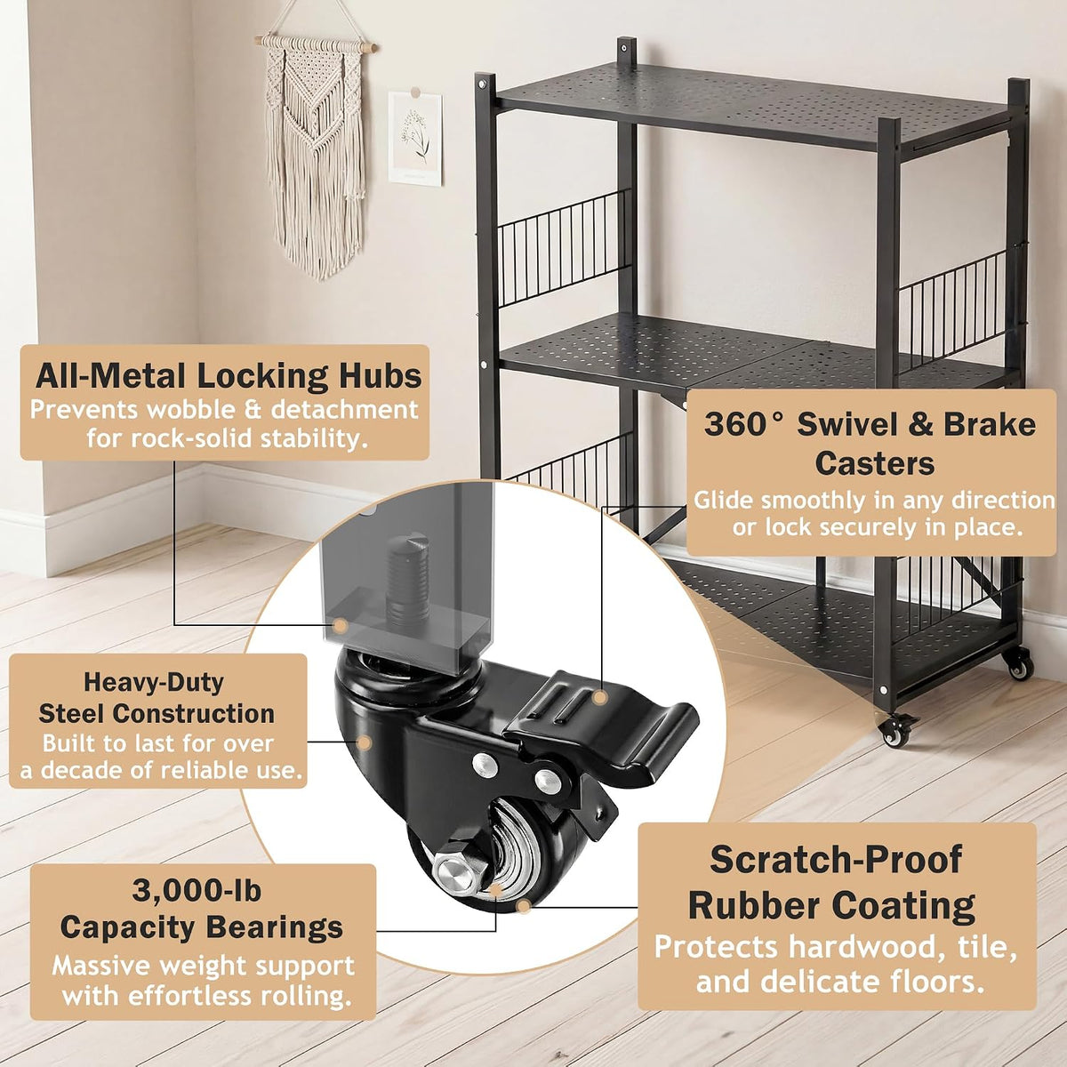 Folding Storage Shelves No Assembly, 3 Tier Metal Foldable Shelves with Wheel...