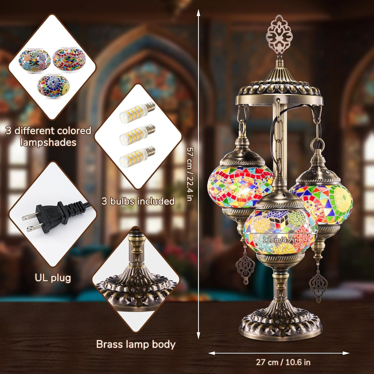 3 Globes Turkish Mosaic Lamp, 23" Handmade Moroccan Lamp, Multicolor