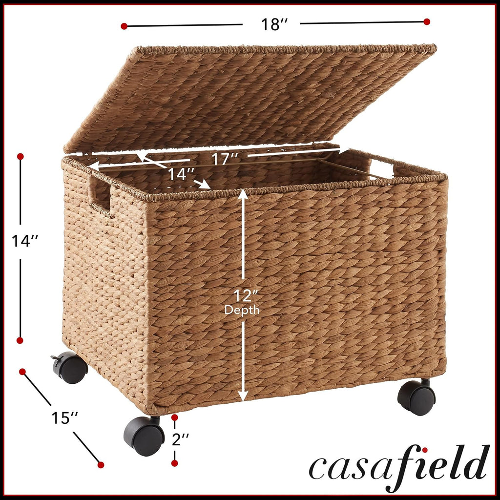 Casafield Rolling Filing Cabinet, Cinnamon - Water Hyacinth File Organizer with Lid and Locking Wheels, Home Office Storage for Hanging Folders