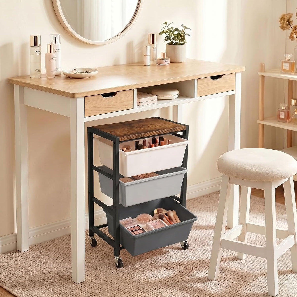 Rolling Cart with 3 Drawers, Plastic Drawer Storage Carts with Lockable Wheel...