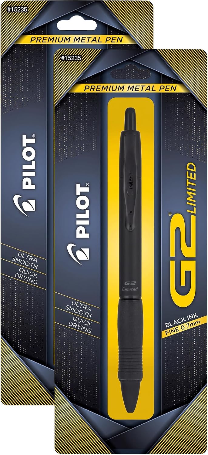 PILOT G2 Limited Refillable & Retractable Rolling Ball Gel Pen, Fine Point, Matte Black Barrel, 0.7 mm, Black Ink, Single Pen (Pack of 2)