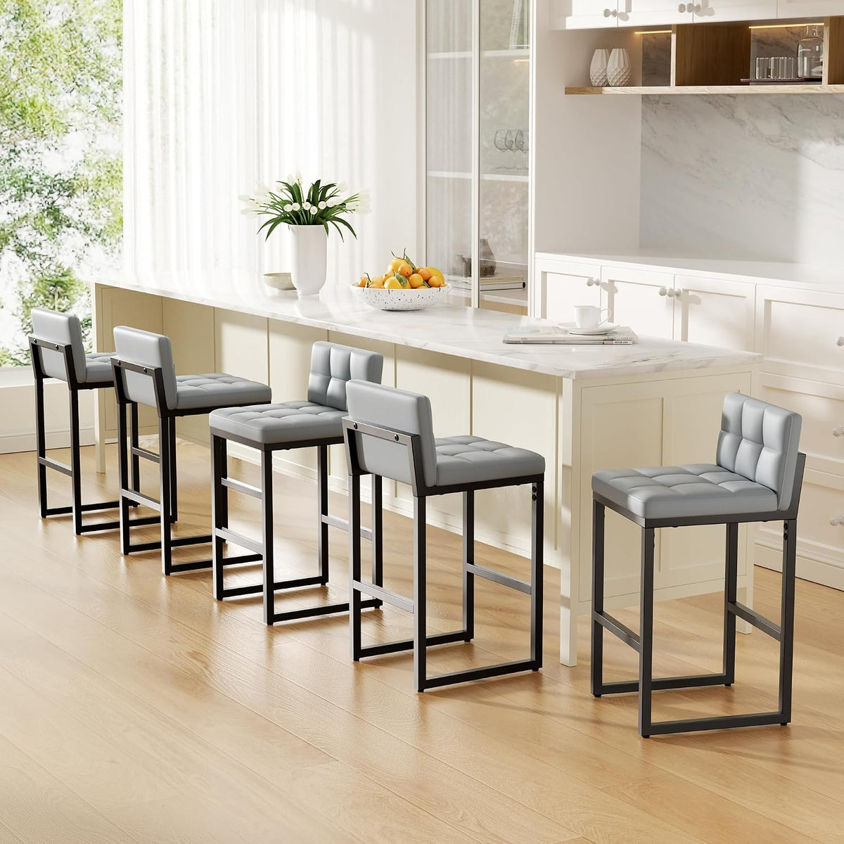 Bar Stools Set of 6, Modern Counter Height Bar Stools, Light Grey