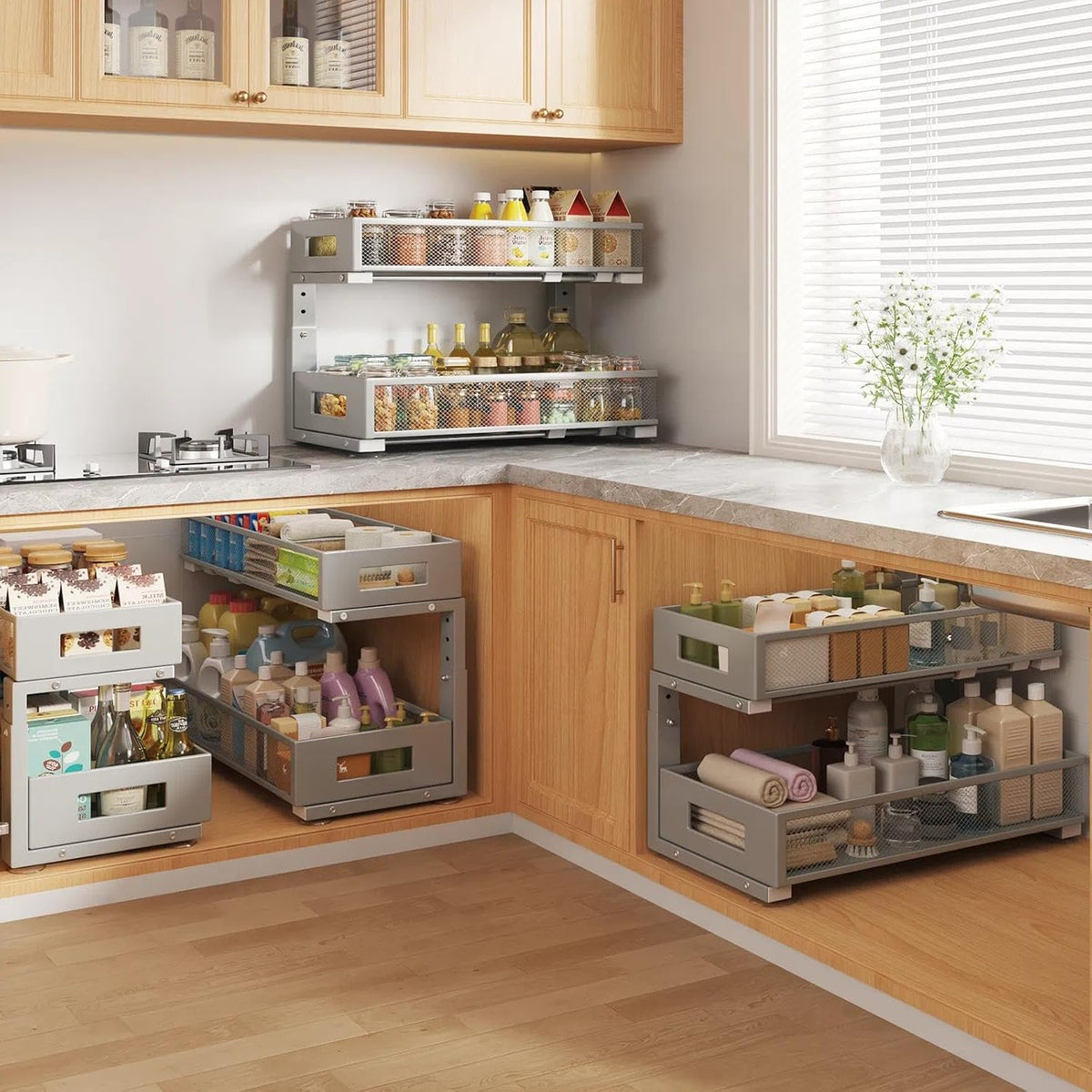 2 Packs 21IN Depth Under Sink Organizer, 2-Tier Pull Out Cabinet Organizer Wi...
